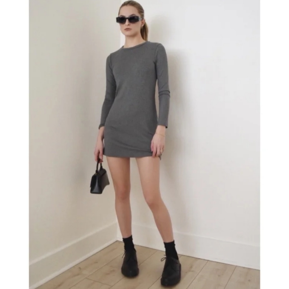 Reformation Jeanne Gray Ribbed Long Sleeve Dress